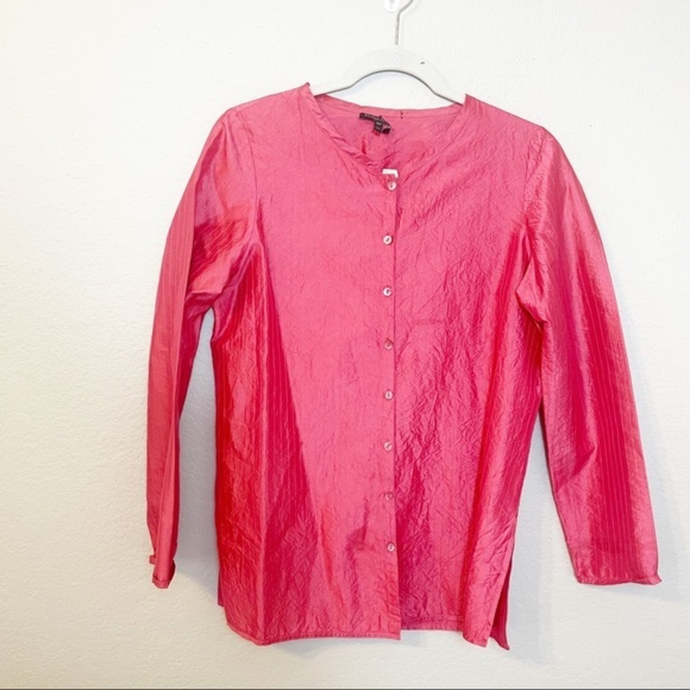 Eileen Fisher Crinkle‎ Mandarin Silk Blouse Pink Petite Small